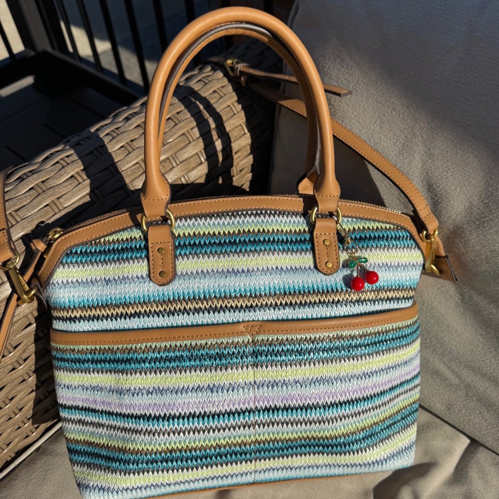 Style & Co. Woven Chevron Satchel Bag Blue Green Tan Crossbody Purse